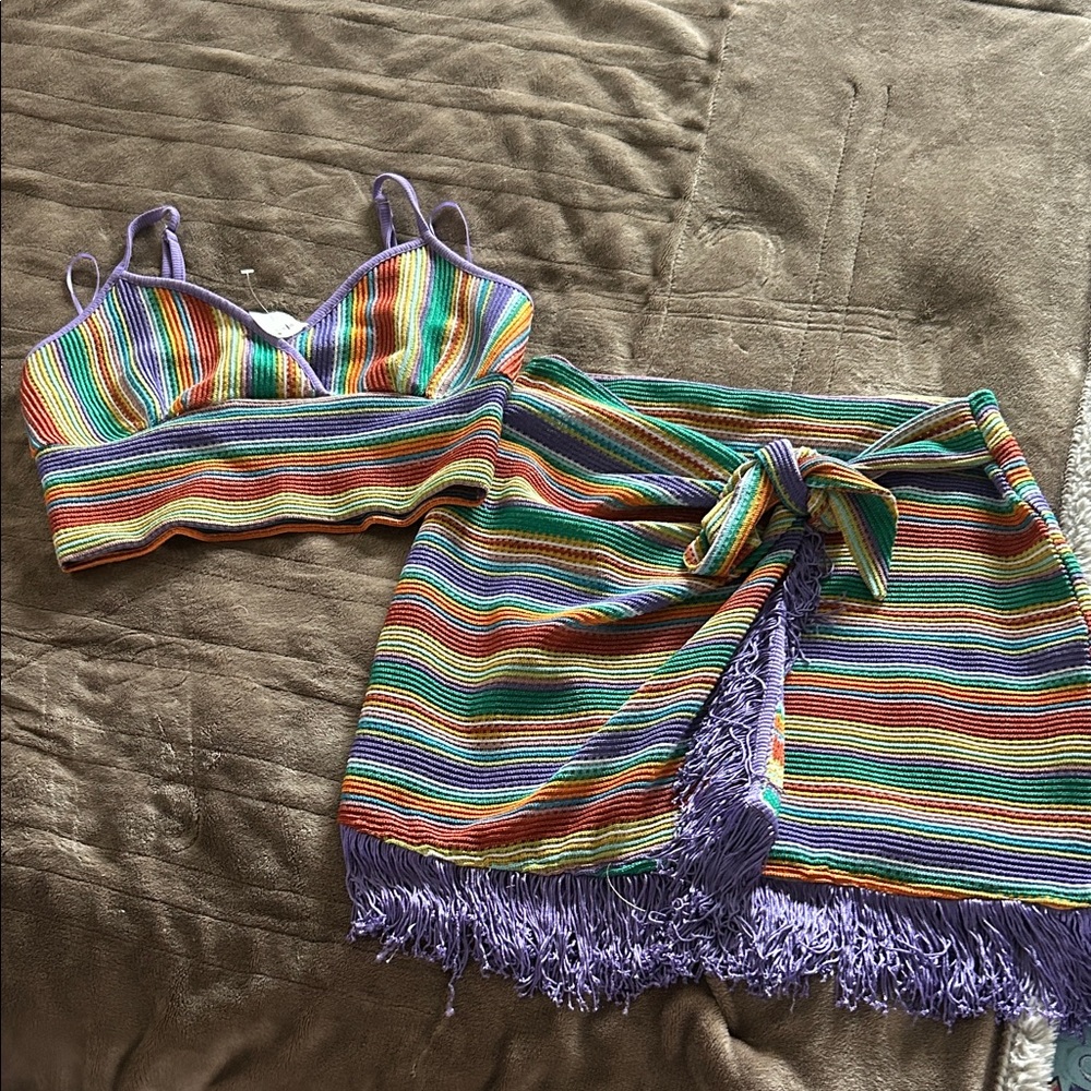 Fringed 2-piece Mini Skirt & matching halter top in Lavender Multi-Color